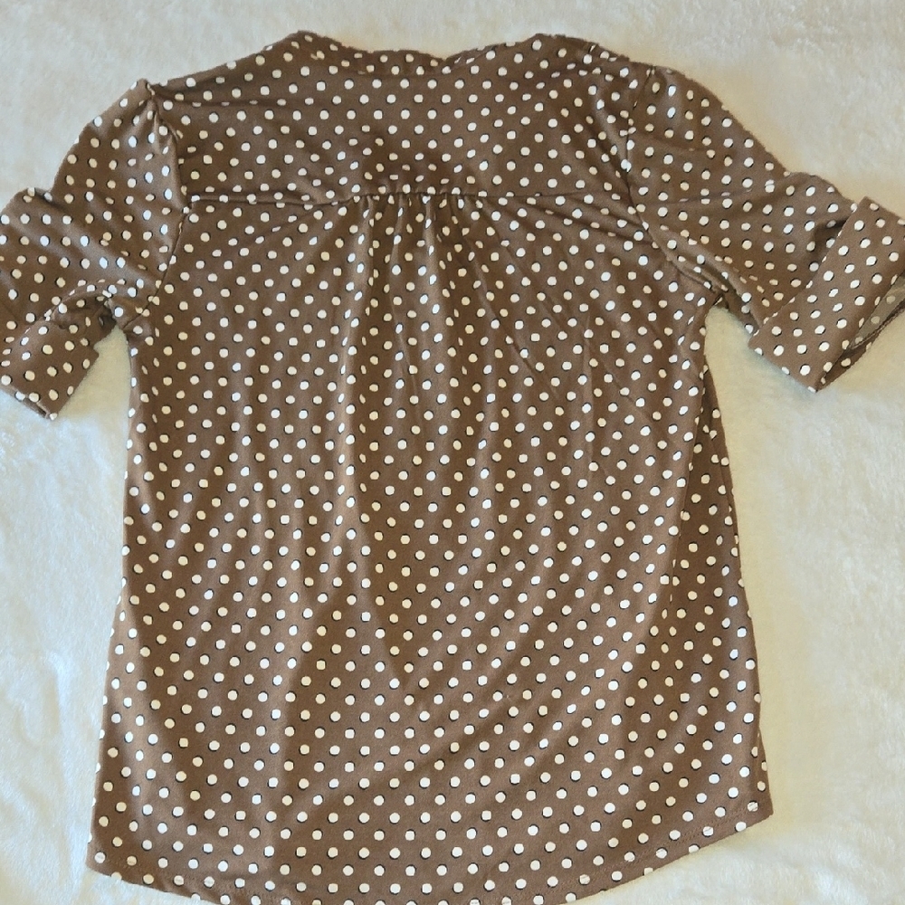 Papaya SP Pleated Blouse Brown PolkaDots Cuffed 3/4 Sleeves Mandarin Collar Y2K - Picture 8 of 8